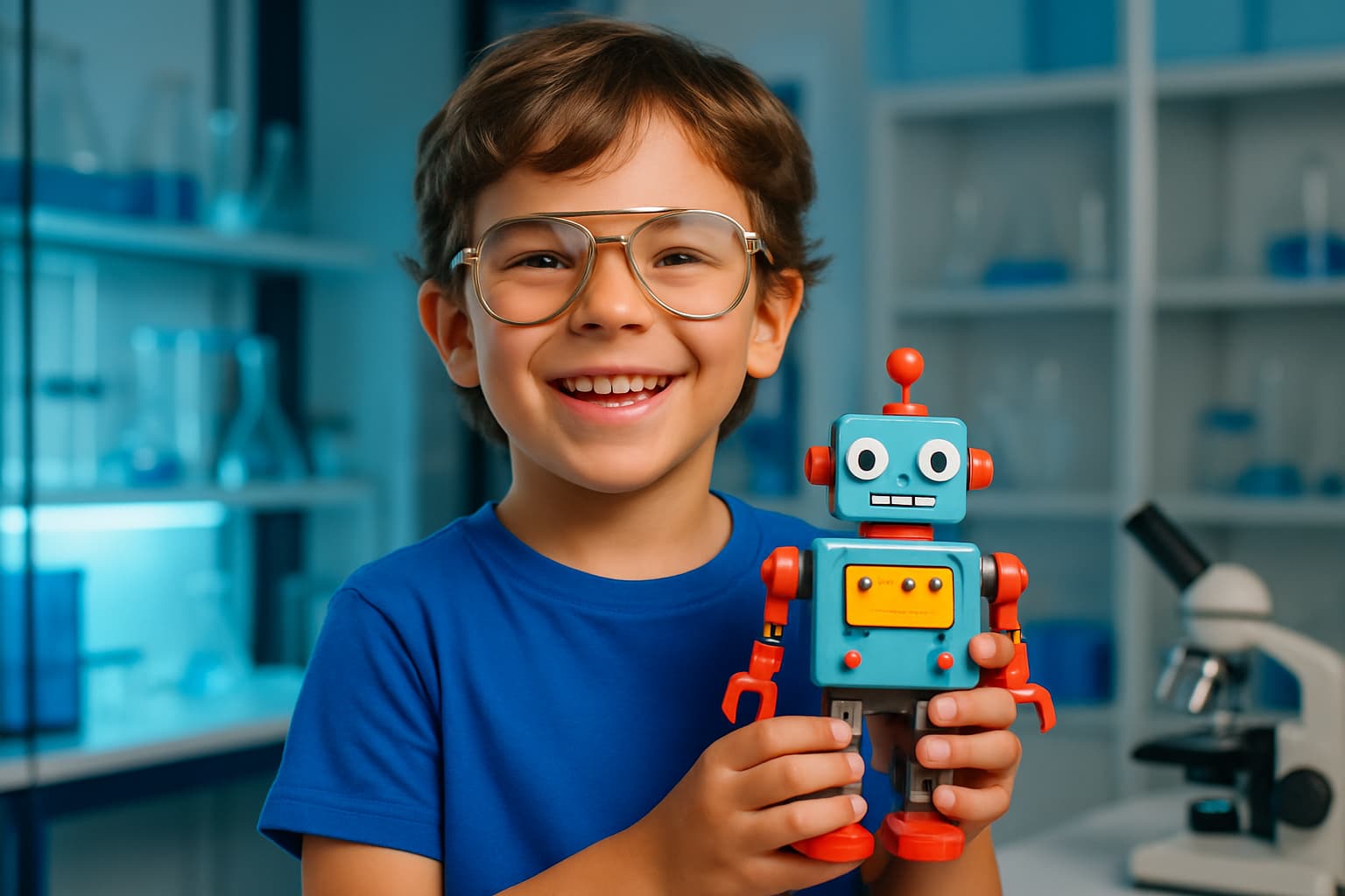 Niño sonriendo con gafas de aviador y un robot de juguete, representando el futuro de la Educación STEAM.