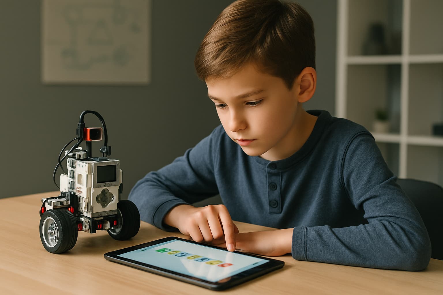 Niño concentrado programando un pequeño robot móvil en una tablet, ilustrando la programación infantil
