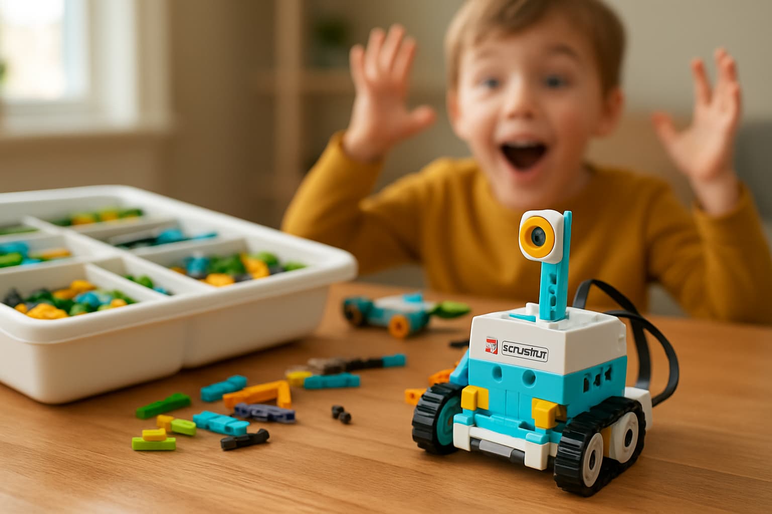Kit de LEGO Education en una mesa, con un niño emocionado en el fondo, ilustrando los mejores kits STEAM.