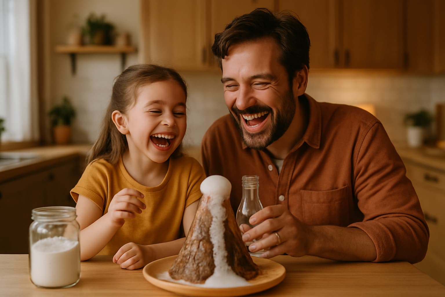 Un padre y su hija riendo mientras hacen un experimento casero simple (volcán de bicarbonato), ilustrando actividades STEAM en casa.