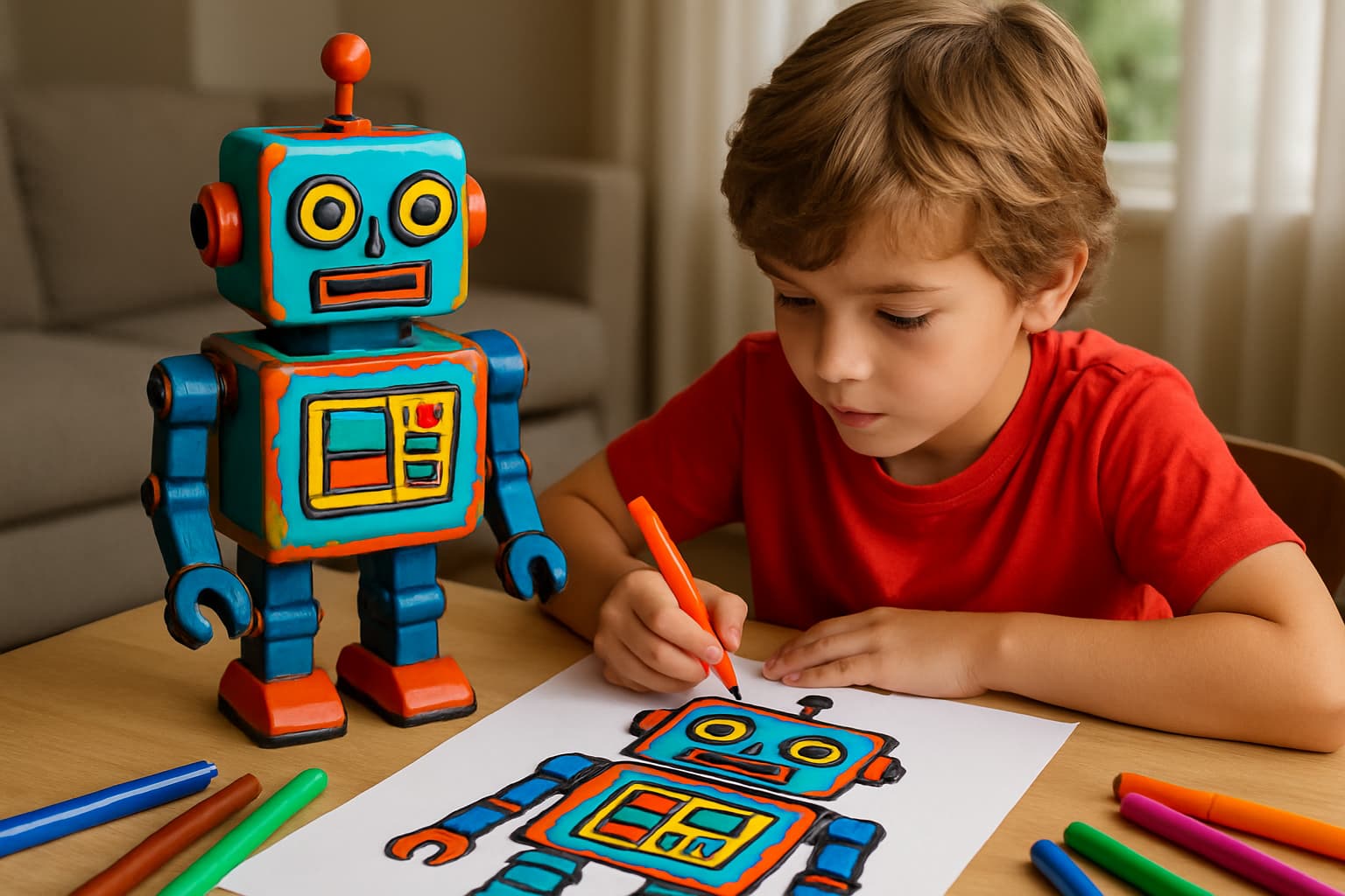 Niño diseñando el exterior de un robot con marcadores y papel, destacando la creatividad y tecnología en la robótica.